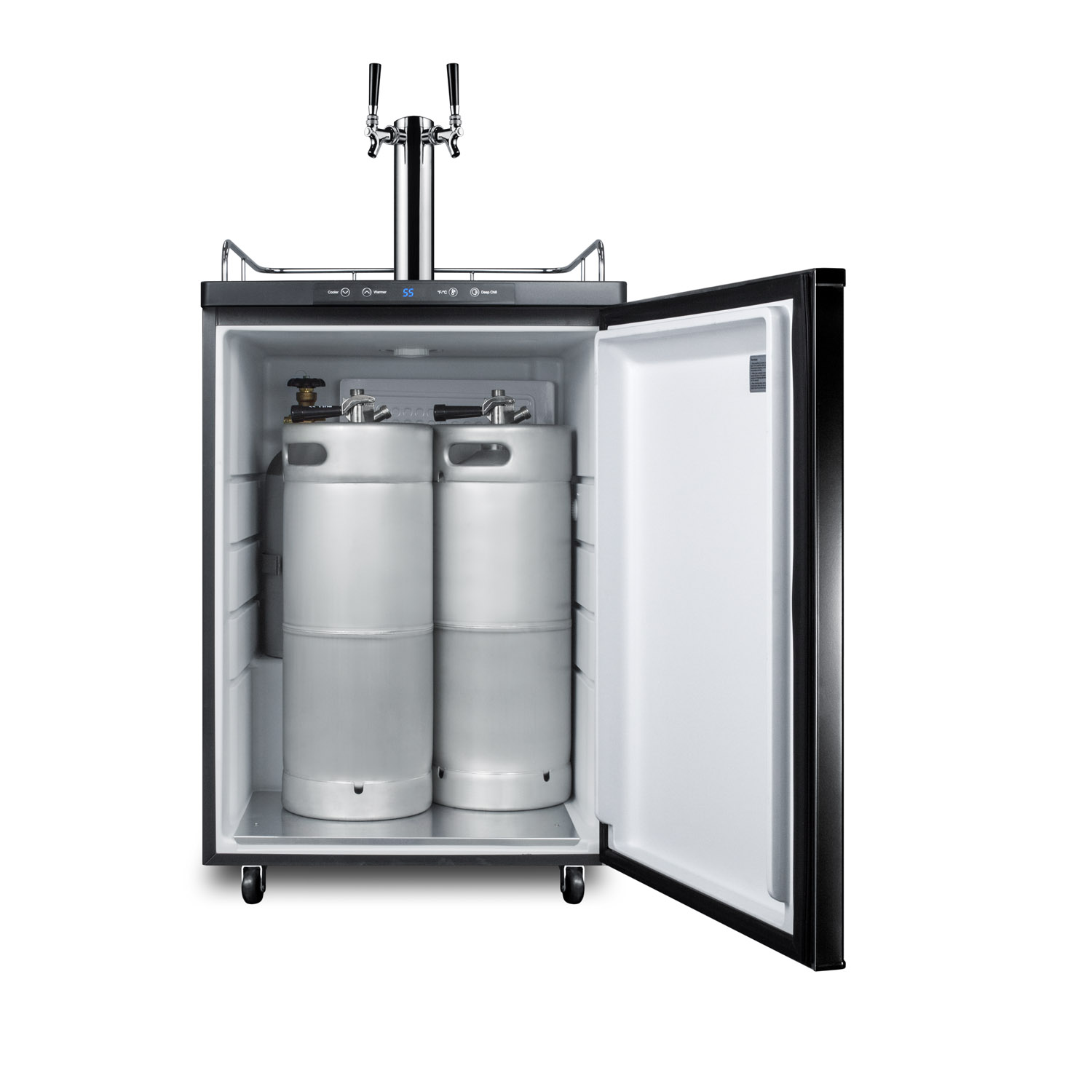 Freestanding residential beer dispenser, auto defrost with digital thermostat, black exterior finish, and dual tap system